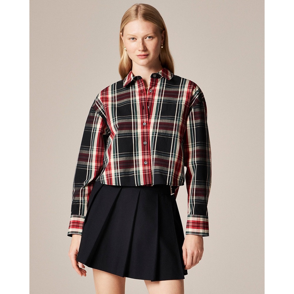 J.Crew Etienne Cropped Shirt Women Medium Red Plaid Stewart Tartan Preppy